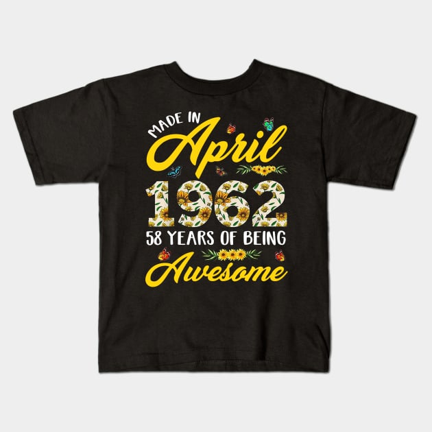 April 1962 58 Years Old Vintage 58th Birthday Gift Sunflower Kids T-Shirt by cruztdk5